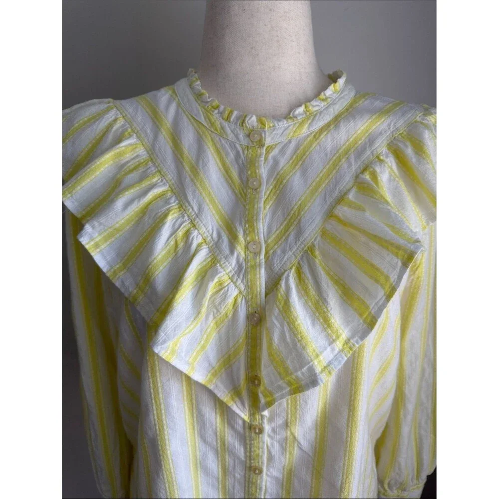 LOFT XL Yellow White Stripe Ruffle Collar Button Front Cotton Blouse Cottage